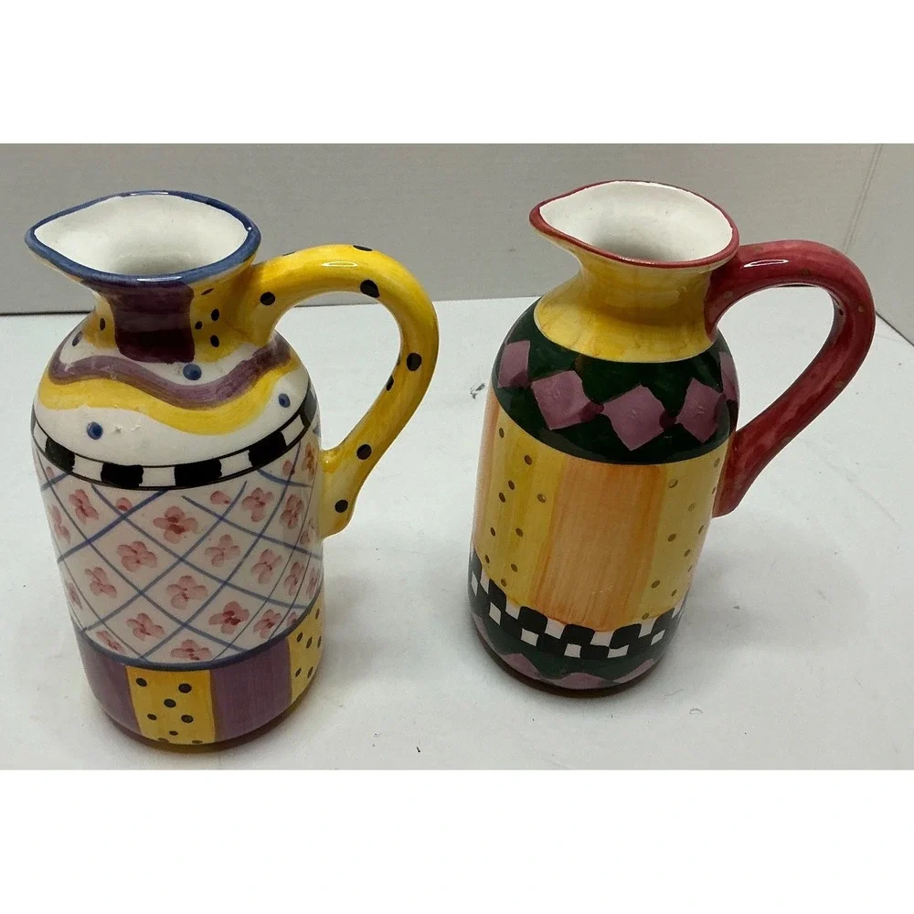 Vintage‎ Ceramic Pitchers Hand Painted Whimsical Set of 2 Multi Color